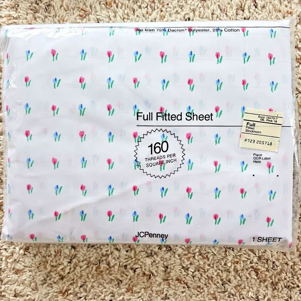 JCPenney Stockholm Dainty Tulip Floral FULL Flat Fitted Sheets NEW Vintage USA